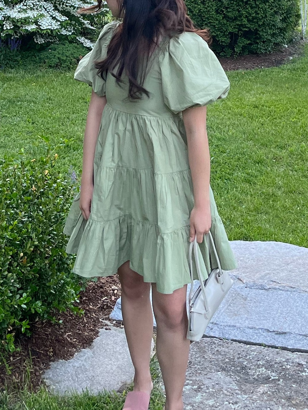 OAK + FORT Artichoke Green Tiered Puff Sleeve Mini Dress Size XXS